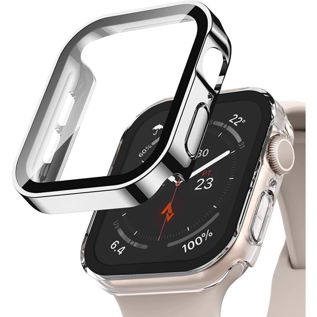 2 Pack Hard Case Compatible with Apple Watch 45mm Series 8 Series 7 with Tempered Glass Screen Protector, Silver/Clear Ultra-Thin Durable Protective Cover for iWatch