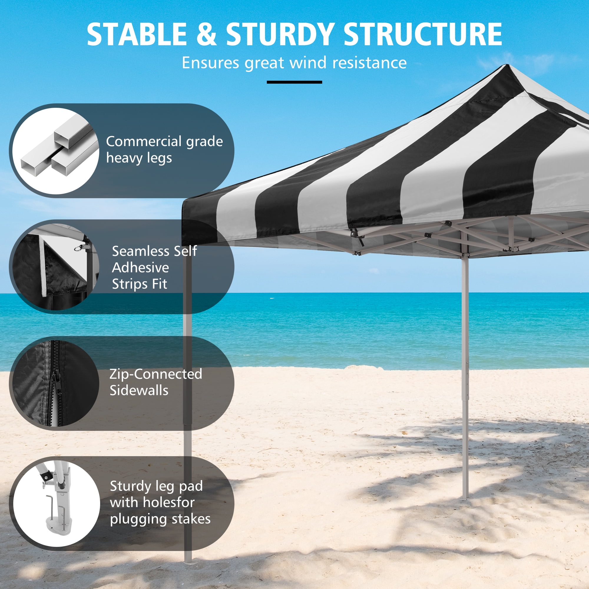 VentuLodge 10x10 Pop up Canopy Tent with Sidewalls, Commercial Grade Heavy Duty Canopy with Striped Top, Black