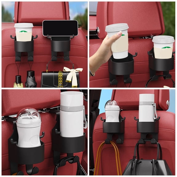 Mobutofu 3Pcs Black Car Headrest Cup Holder with Hooks for Backseat Storage and Organizer