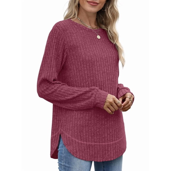 Tunic Tops for Women Loose Fit Dressy Long Sleeve Shirts Womens Sweaters Crew Neck Fall Clothing Red M