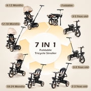 JoyStone 7 in 1 Foldable Tricycle Stroller for Toddler, Baby Tricycle with Adjustable Canopy, Parent Handle, Removable Pedals, Seat Belt and Storage Basket, Kids Bike for Ages 1-6 Boys & Girls, Khaki