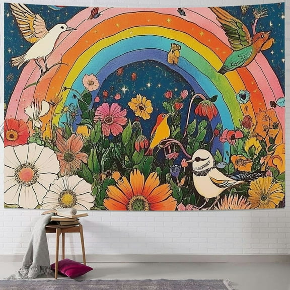 BCIIG  Groovy Tapestry Hippie  Groovy Vibes Party Wall Tapestries  Retro Rainbow Daisy Mushroom Peace Theme Tapestry for Bedroom Dorm Home Decor 40x30inch
