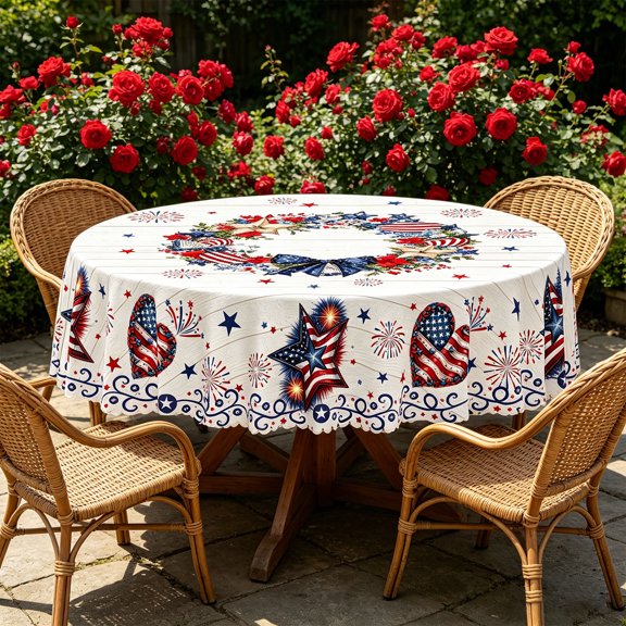 Eolstice 4th of July Round Tablecloth, Patriotic Star Stripe Cover, Reusable Washable Table Cloth for Independence Day Party BBQ Home Kitchen Dining Room Decor