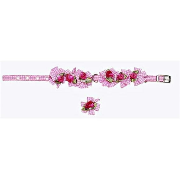 Ribbon Dog Collar + Leash Set-Pink Gingham Petal Flower Rosette with Pearls