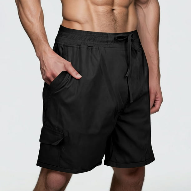 pstuiky Pantalones cortos cargo para hombre, Pantalones cortos deportivos cargo hasta la rodilla para hombre, con múltiples bolsillos, de lino sintético y cordón elástico en la cintura.