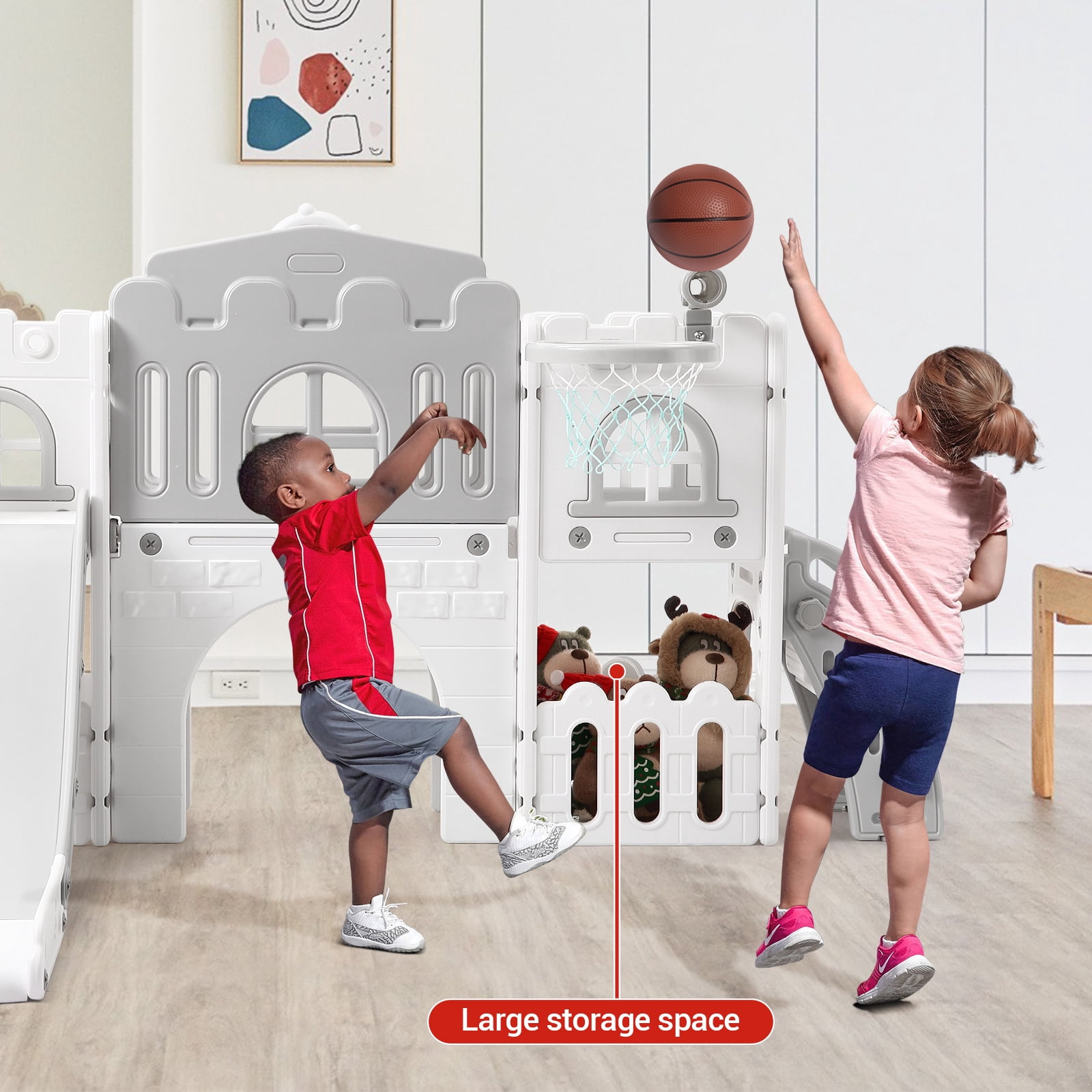 8-In-1 Toddler Indoor Playground With Slide: Baby Slide Playset for Toddlers Ages 1-3, Includes Slide, Basketball Hoop, Climber, Crawling Tunnel, Telescope, and Toy Storage