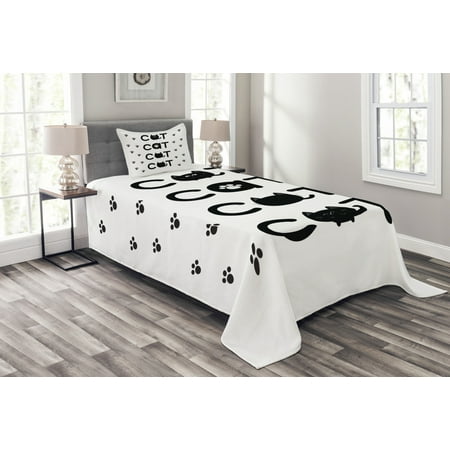 Kitty Bedspread Set, Cat Text out of Round Shaped Cute Cats with Little Paw Prints in Black and White, Decorative Quilted Coverlet Set with Pillow Shams Included, Black White, by Ambesonne