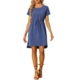 thumbnail image 2 of INSPIRE CHIC Casual Dress for Women's Drawstring Waist Summer Above the Knee Chambray Dress Blue XL, 2 of 5