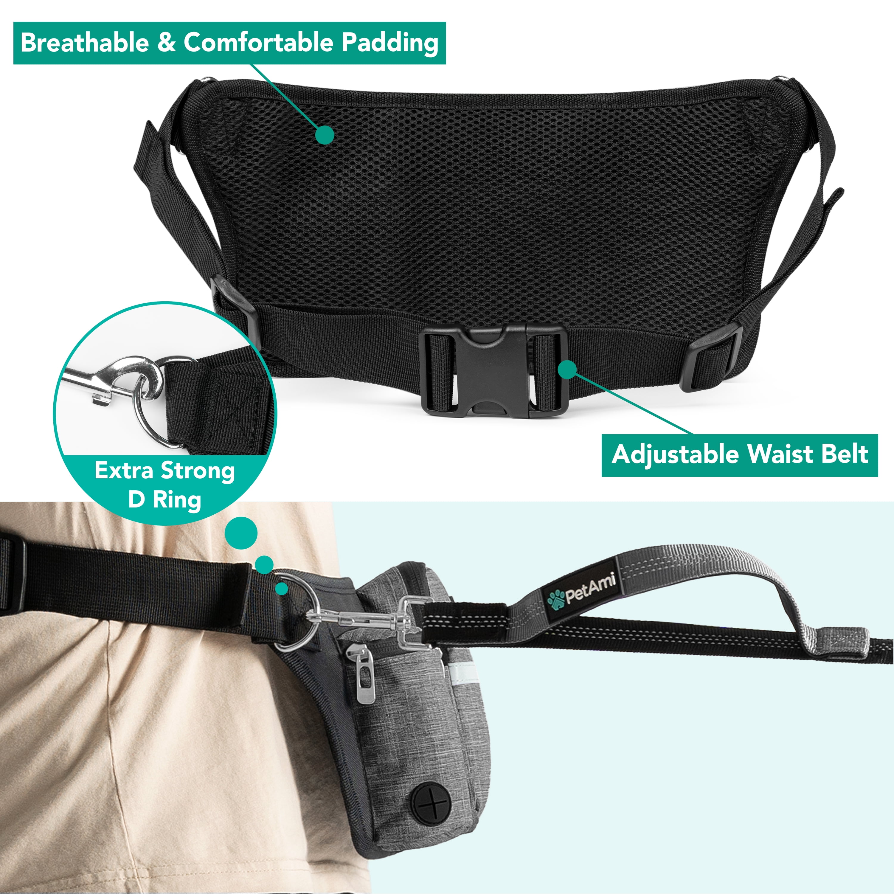 PetAmi Premium Hands Free Dog Leash for 2 Dogs, Adjustable Waist Belt Leash for Dog Walking, Fanny Pack Accessories Bag Dual Bungee Leash for Running, Hiking, Jogging, Biking, Charcoal Grey