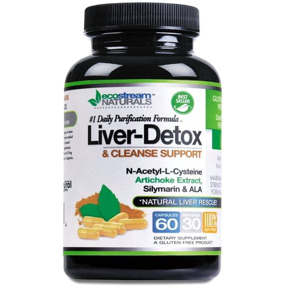 Liver Detox Cleanse with N-Acetyl-Cysteine, Milk Thistle, Artichoke Extract and ALA by EcoStream Naturals 30 Servings