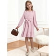 thumbnail image 5 of Usaibhir Girls Long Sleeve Dresses Kids A Line Pleated Wrap Belt Crew Neck Flowy Holiday Midi Dress 5-14T, 5 of 11