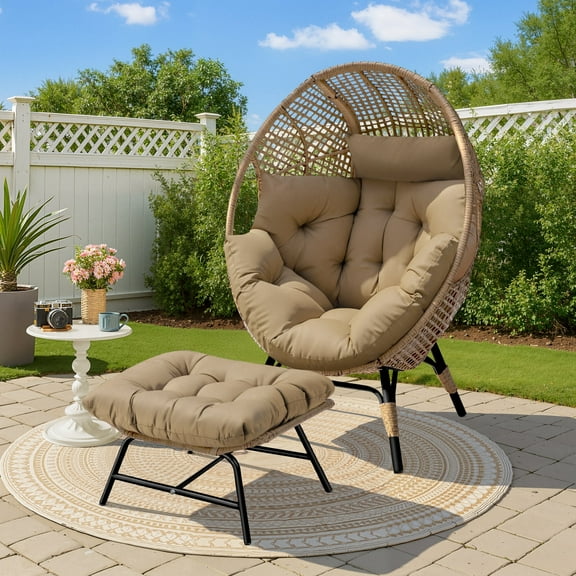 RADIATA Patio Egg Chair with Foot Rest, Oversized Rattan Egg Shaped Chair with Cushion, 440lbs Weight Capacity for Indoor Outdoor Patio Balcony, Brown