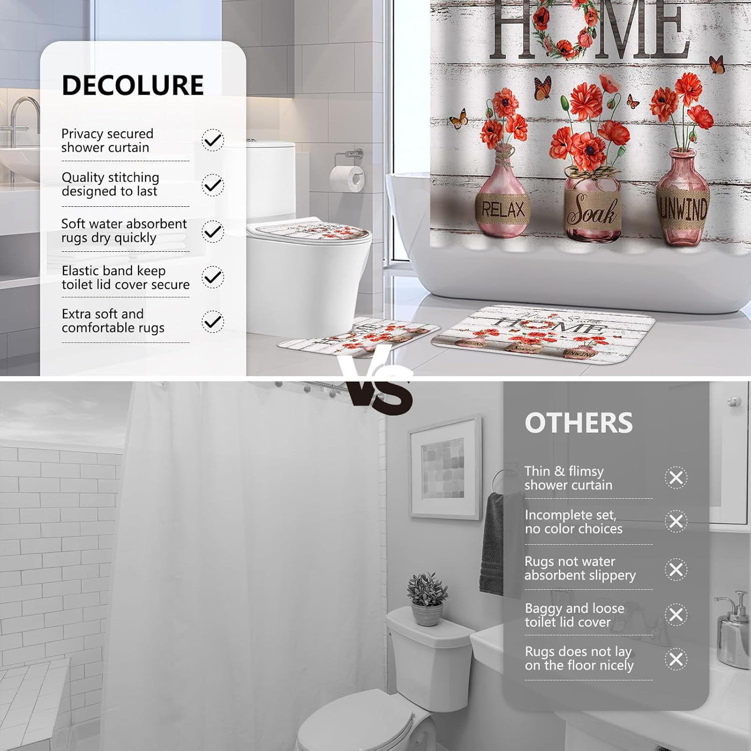 4PCS Farmhouse Shower Curtain Sets for Bathroom, Green Eucalyptus Rustic Bathroom Set with Shower Curtain and Rugs, Country Style Home Sweet Home Vintage Bathroom Decor Accessories