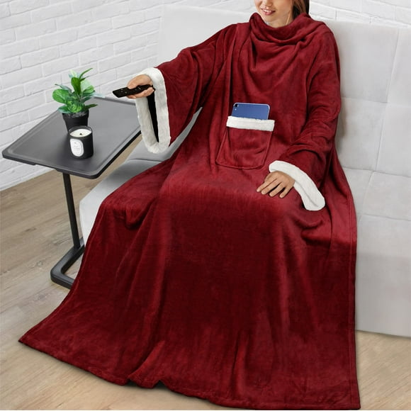 PAVILIA Deluxe Fleece Blanket with Sleeves for Women Men Adult, Wearable Blanket Warm Cozy, Super Soft Sleeved Throw with Arms Pocket, Gift for Women Mom Wife (Wine Red)