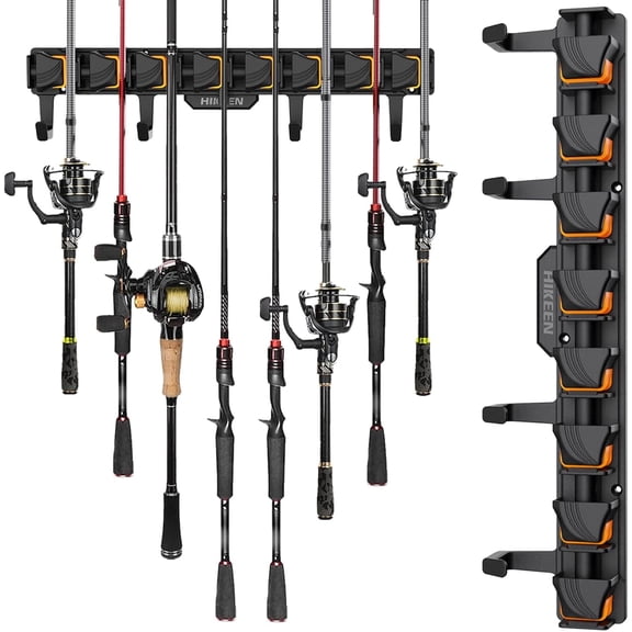 Fishing Rod Holders, Wall Mounted Fishing Rod Rack, Fishing Pole Holder Holds Up to 8 Rods or Combos, Fishing Rod Holders for Garage with 4 Hooks, Fits Most Rods of Diameter 3-24mm （Orange-1pack）