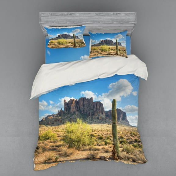 Ambesonne Nature Bedding Set 4 Pcs, Canyon Cloudy Cliff, Queen, Brown Green Blue