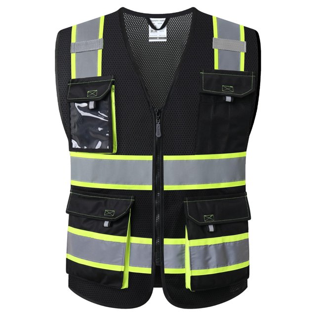 Chaleco de seguridad reflectante de malla JKSafety con bolsillos, negro, talla S