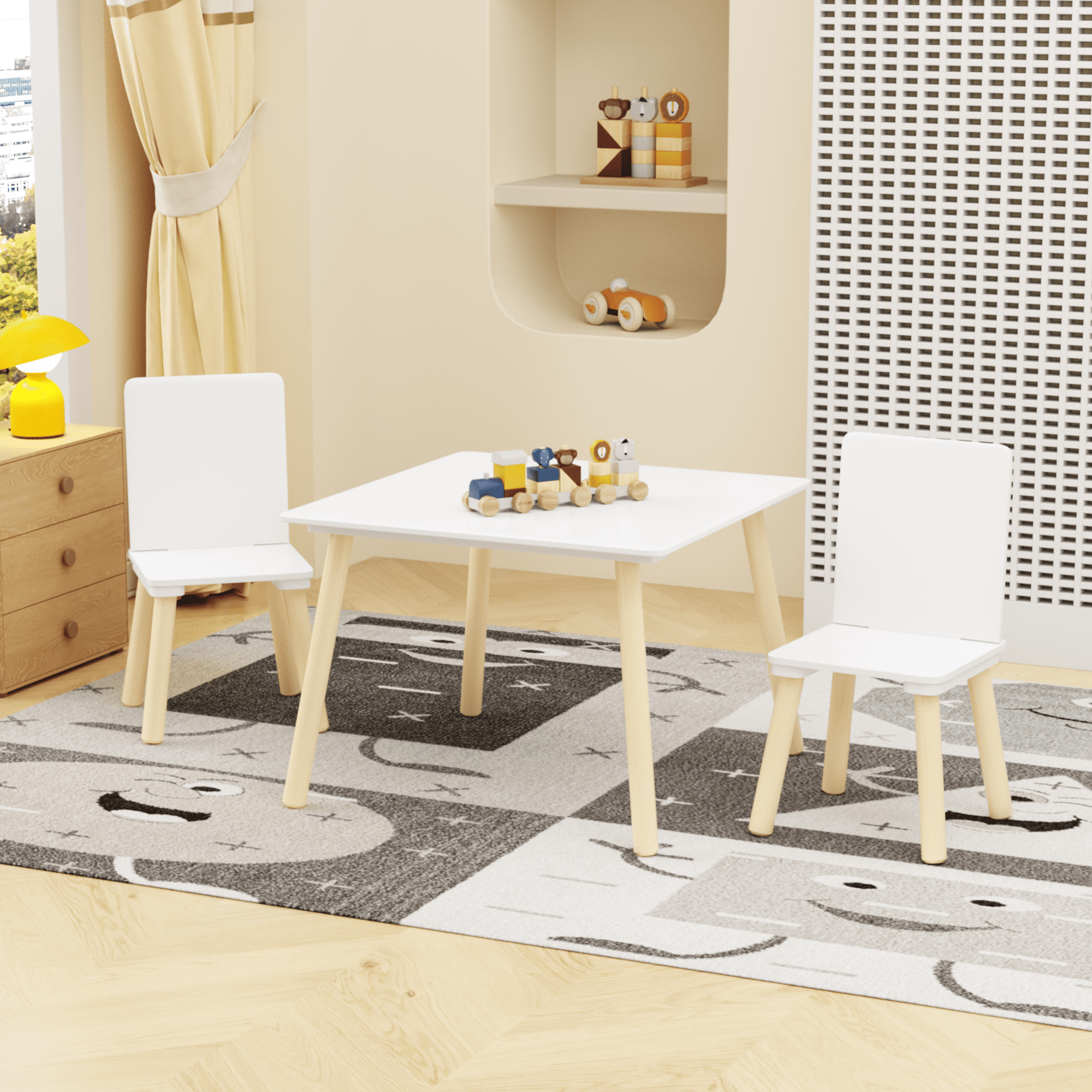 White Kids Table and Chair Set - 3-Piece Wooden Toddler Activity Play Table with 2 Chairs