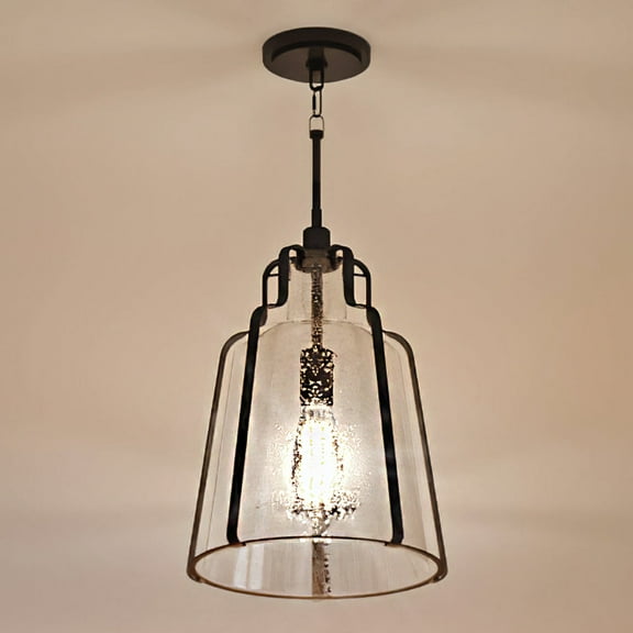 Luxury Industrial Indoor Pendant, 16.75''H x 12.50''W, with Urban Loft Style Elements, Modern Farmhouse Design, Antique Black Finish and Clear Seeded Glass, UQL3600