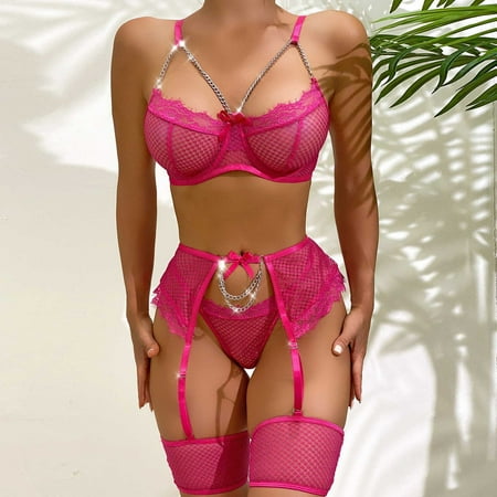 

Lolmot Sexy Lingerie for Women Babydoll Underwear Lace Bowknot Perspective Sleepwear Intimates Thong With Garter Panty Lingerie Set