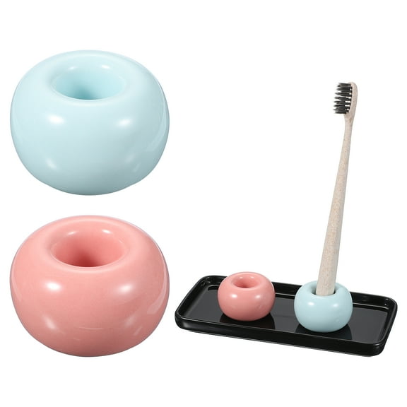 Uxcell Ceramic Toothbrush Holder Set with Tray, Countertop Organizer for Bathroom, Storage for Toothbrushes, Holder Stand for Bathroom Accessories, Blue/Pink