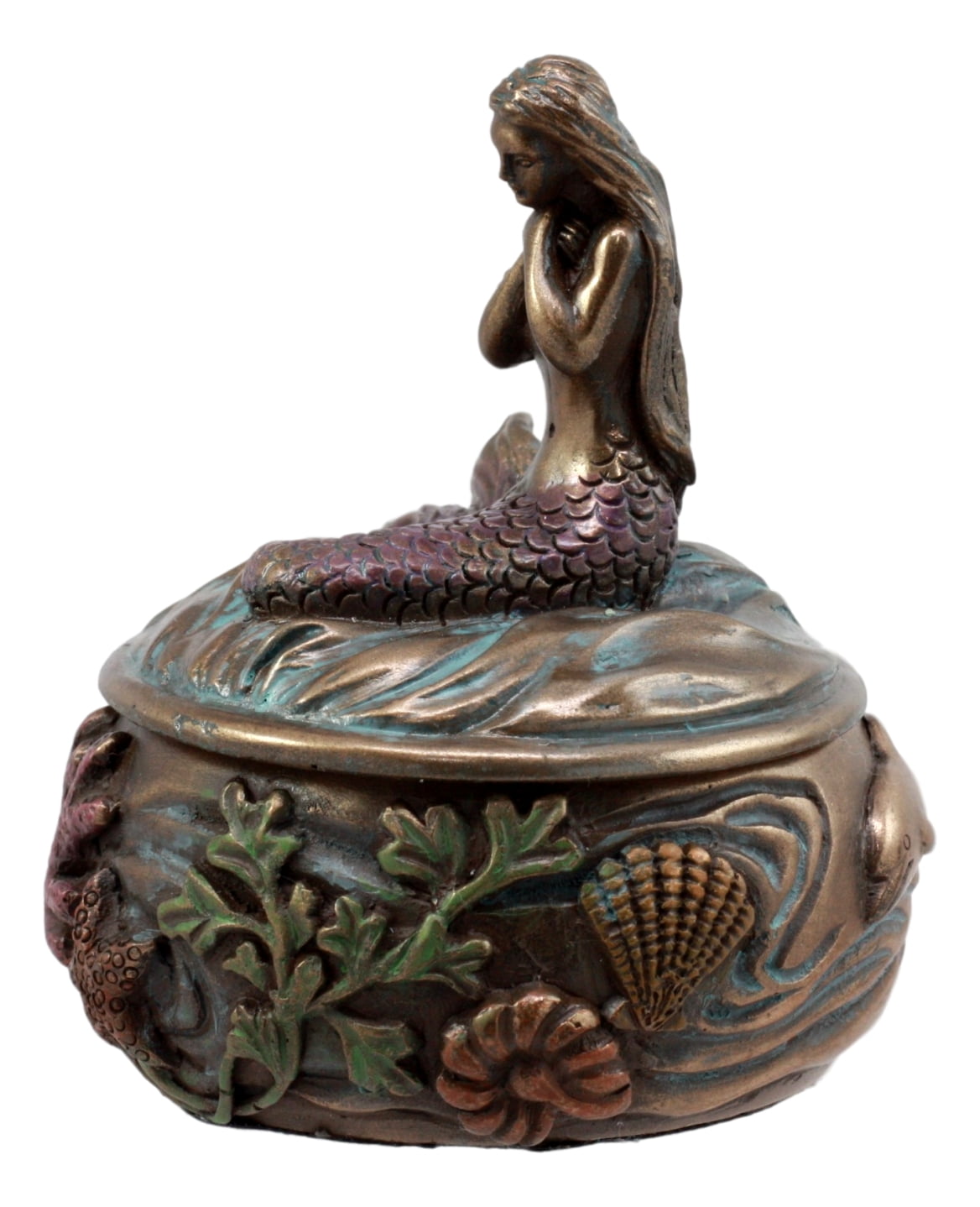 Ebros Beautiful Mermaid Tefiti Praying Round Jewelry Box Figurine 3.25"H Small Nautical Starfish Coral Decorative Trinket Keepsake