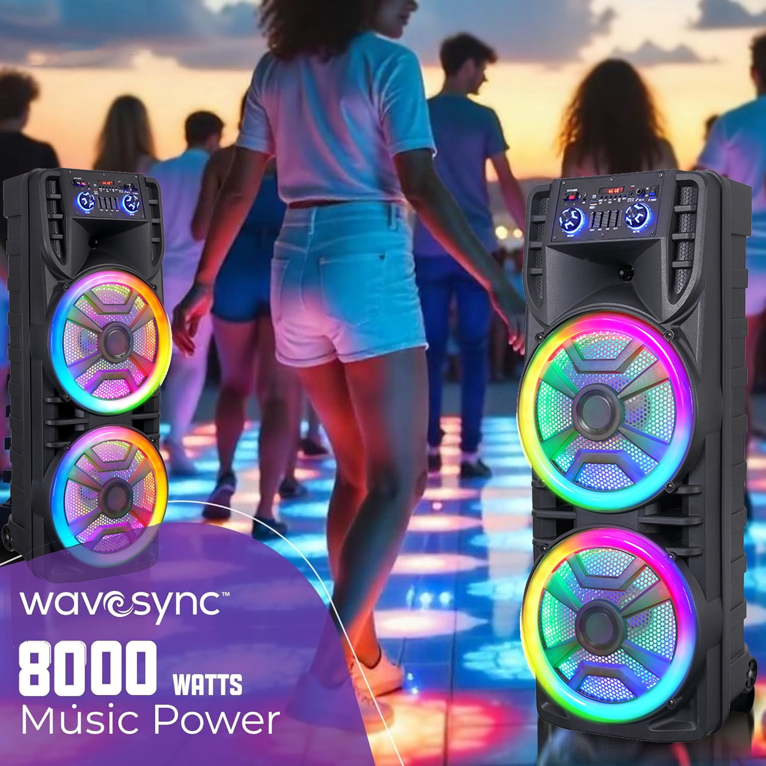 RIDWIND 8000W Peak Power Dual 12" Woofers Portable Bluetooth Speaker Indoor & Outdoor Loud Heavy Bass Sound System With Microphone RGB Party Lights Remote Control Support TWS/USB/FM/AUX/TF