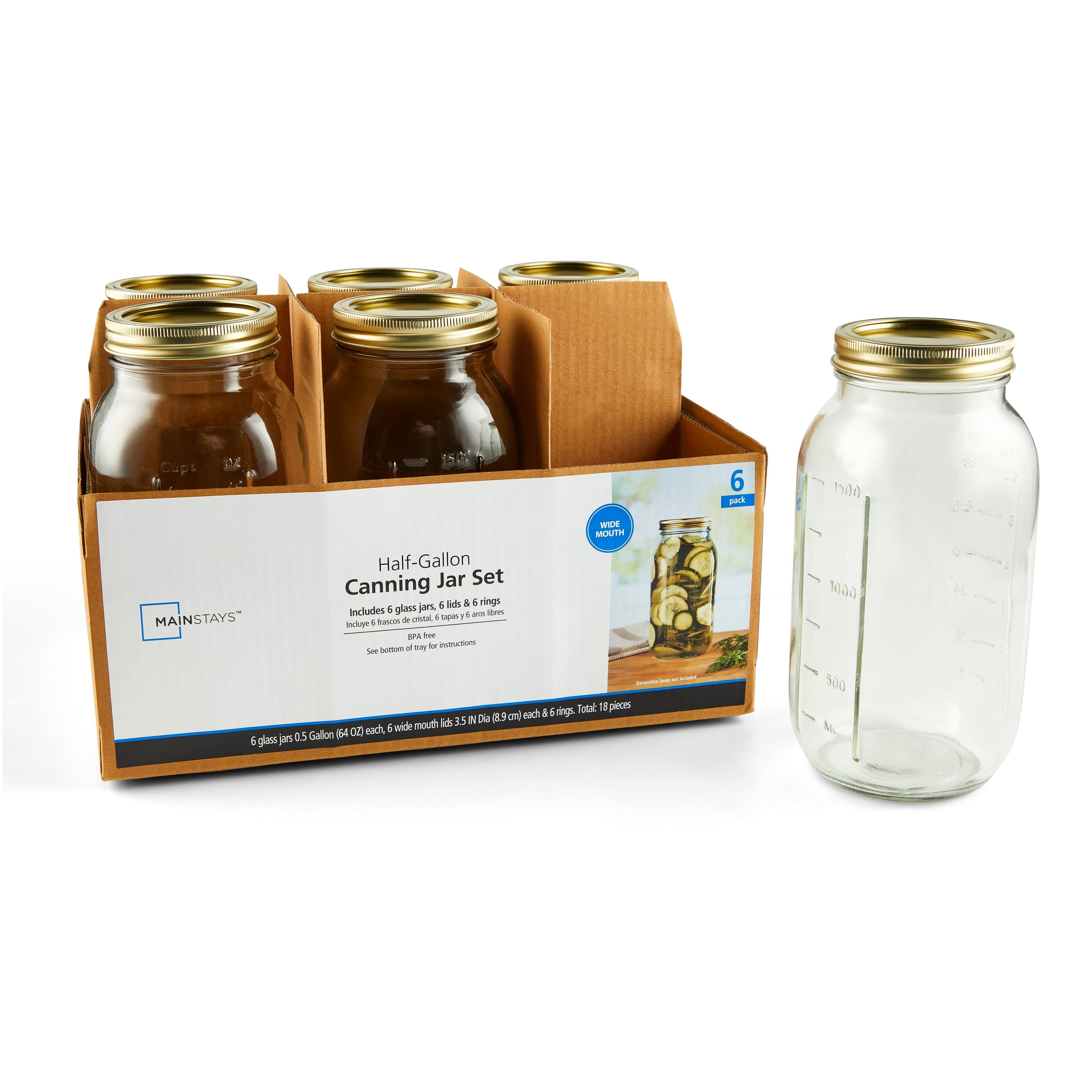 (2 pack) Mainstays 64 oz Mason Jars, Wide Mouth Half Gallon Canning Jars with Lids and Rings, 6-Pack Extra Large Glass Jars for Home Canning and Pantry Storage