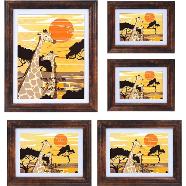 5 Pack Brown Picture Frames Collage, Rustic Multi Size Photo Frame Set