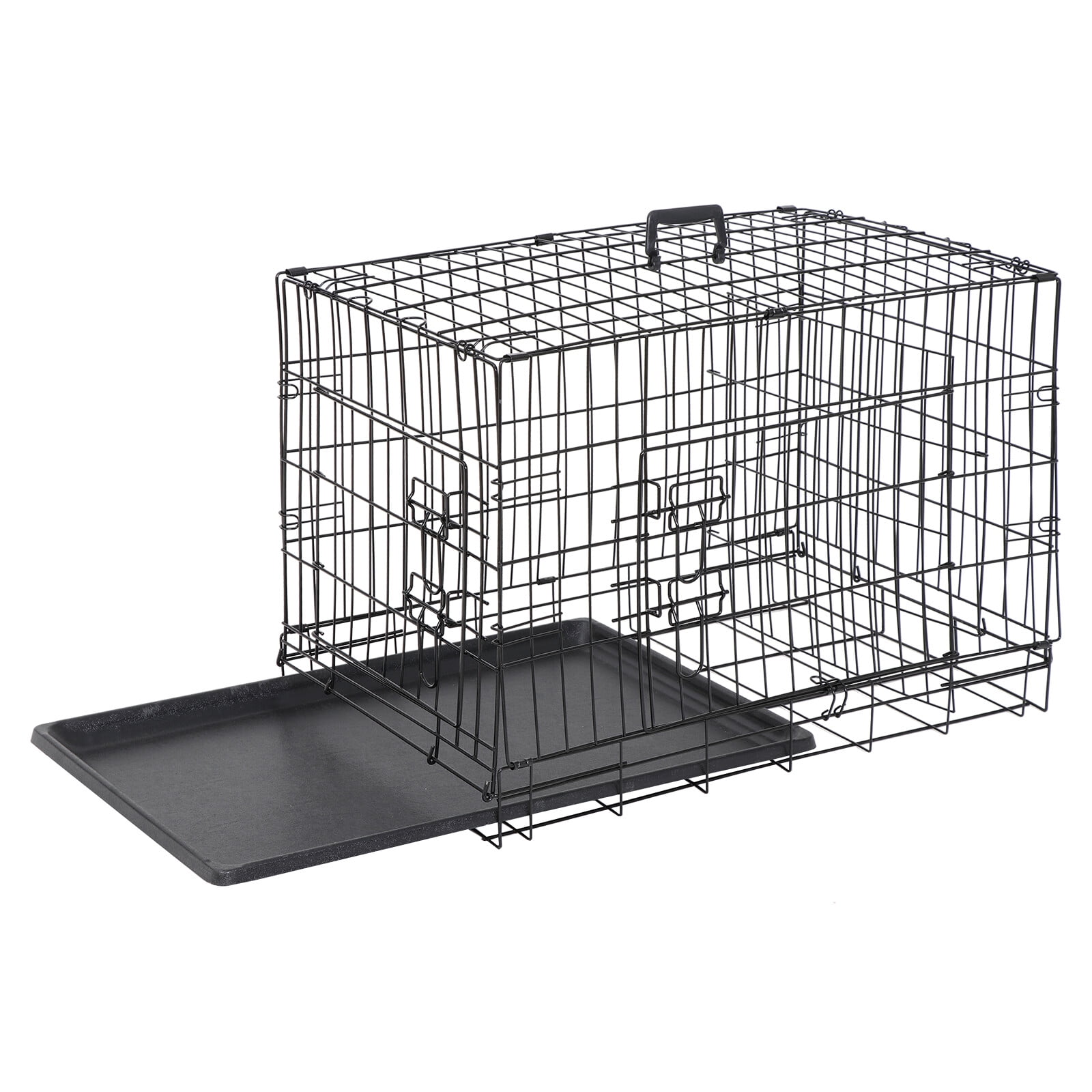 LINJH Durable Folding Metal Dog Crate Double Doors Pet Dog Crates Black Dog Cage 30"