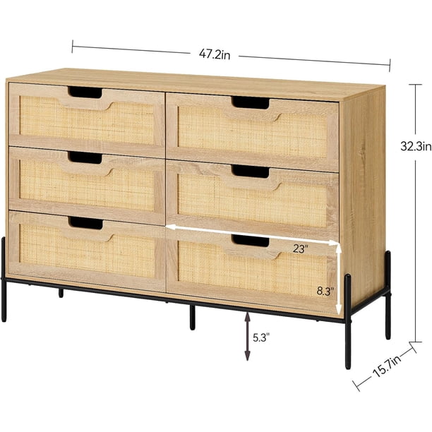 Estilo rural 6-cajón oak rattan cómoda de madera chest para dormitorio, entrada, y sala de estar