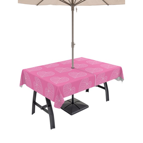 Outdoor Tablecloth with Umbrella Hole for Patio/Picnic/Party/Camping, Love Heart Leaves Waterproof Table Cloth Rectangle Table Cover Washable, Simple Line Art Botanical Pink (60"x 84")