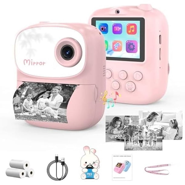 Cámara para niños con impresión instantánea y espejo, cámara digital para selfies de doble lente HD con 3 rollos de papel de impresión y tarjeta de 32 GB, regalos de cumpleaños navideños,