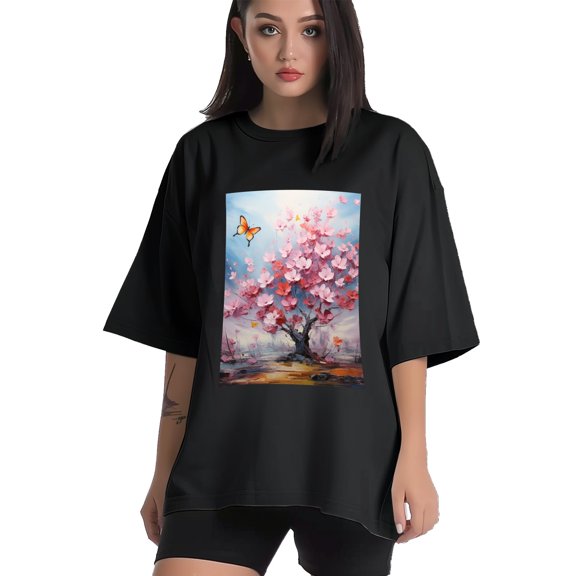 Plus Size Shirt for Women Black Tops for Women Short Sleeves Shirt for Women Trees 7 T Shirt Crewneck Shirt for Women XS