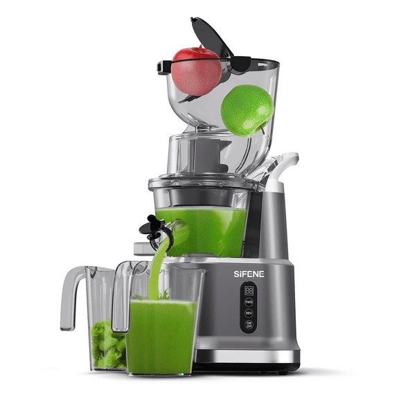 SiFENE Extracteurs de Jus à Pression à Froid 200 W, Grande Ouverture de 83 mm pour Aliments Entiers, Extracteur à Mastication Lente, Rendement Élevé, Gris