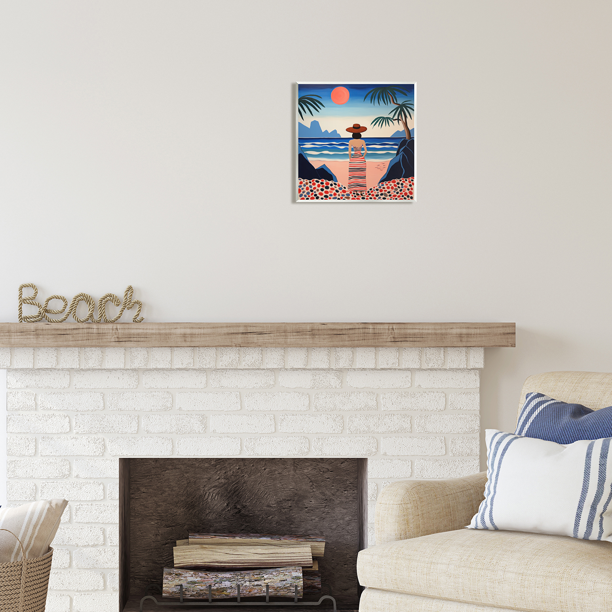 Stupell Industries Patterned Woman on Beach Landscape Painting Unframed Art Print Wall Art, 12 x 12