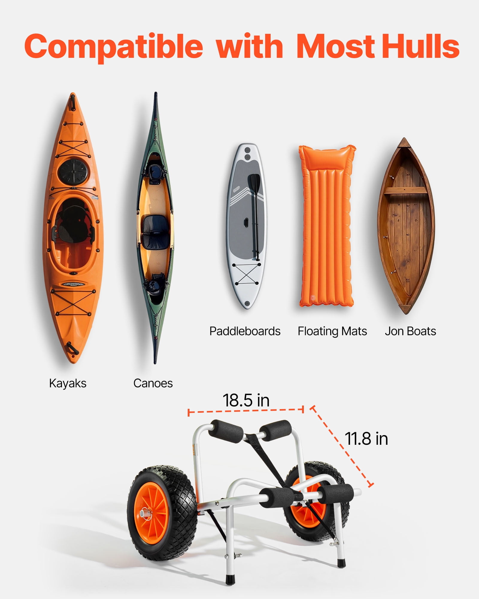 VEVOR Kayak Cart, 250 lbs Load Capacity, Foldable Kayak Trolley with 10-inch Solid Rubber Tires & 1 Ratchet Strap, Paddle Board Trolley for Carrying Kayaks, Canoes, Paddleboards, Float Mats,Jon Boats