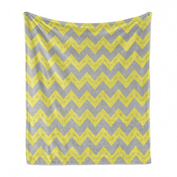 Chevron Soft Flannel Fleece Throw Blanket, Zig Zag Pattern with Tribal Arrows Prehistoric Abstract Design, Cozy Plush for Indoor and Outdoor Use, 70" x 90", Yellow Pale Grey, by Ambesonne