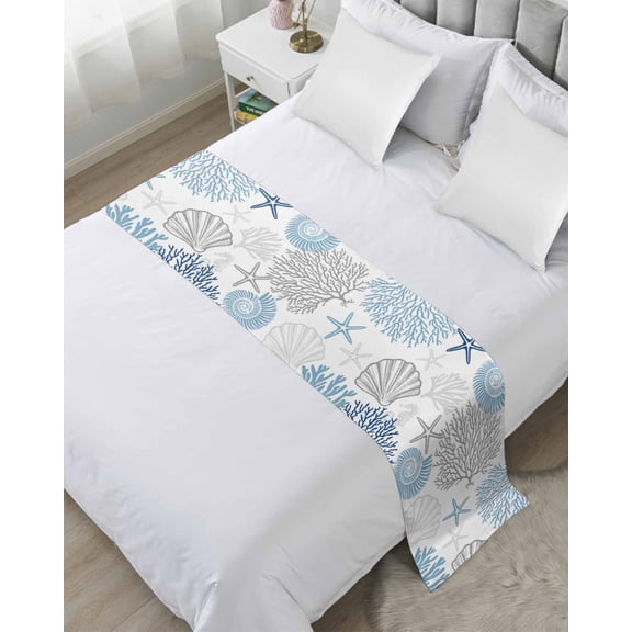 Bed Runner for King Size, Blue Grey Coastal Decorative Scarf Throws for Foot of Bed, Summer Beach Coral Shell Starfish Luxury Bedding Protector Slipcover Bedrunners for Hotel/Home, 94 x 20 Inch
