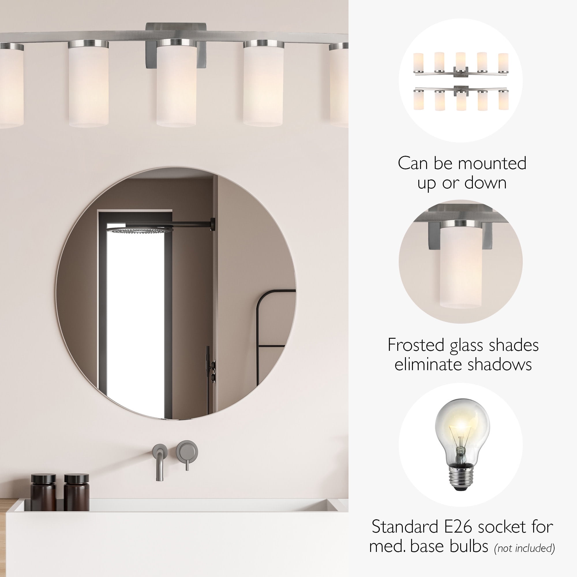 Breckham 5-Light Vanity Light in Satin Nickel, 38.0 in Curved Bar with Frosted Glass