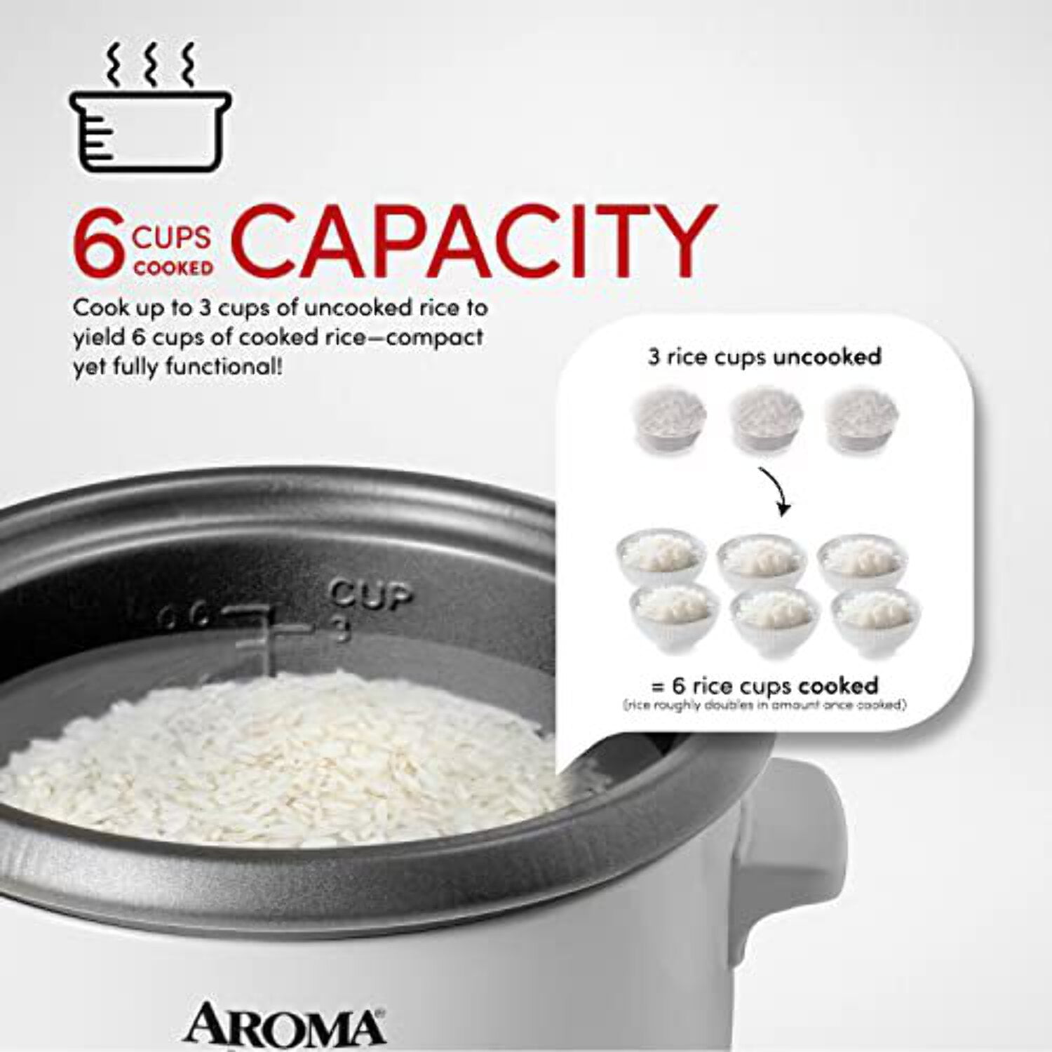 Aroma 3-Cup Electric Rice Cooker, White - Nonstick Interior