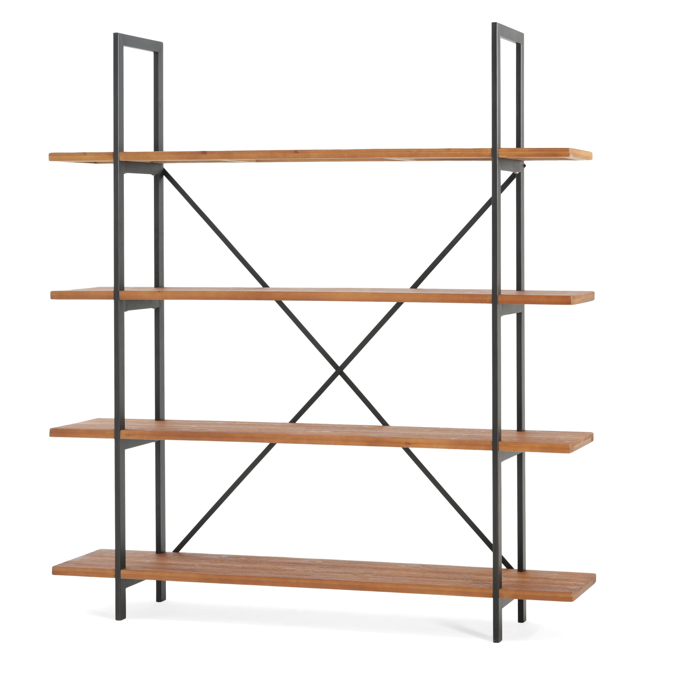 Christopher Knight Home Industrial Iron Bookcase with Solid Wood Shelves and X-Frame in Antique Black Finish