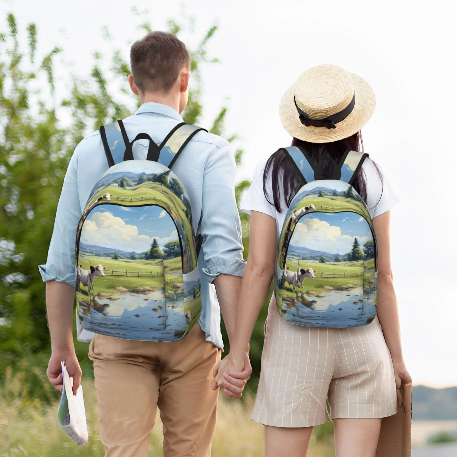 Vsdgher Pasture Cow Print Canvas Backpack Travel Rucksack Unisex Knapsack 15.7/17.7Inch Laptop Backpack for Work,College -Medium