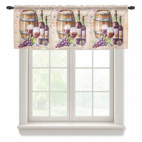 Vintage Watercolor Wine Sheer Curtains Valances for Windows Farmhouse Cask Grapes Country Chiffon Kitchen Valances for Cafe, Voile Window Treatments Curtains for Living Room Bedroom, 60"x18"