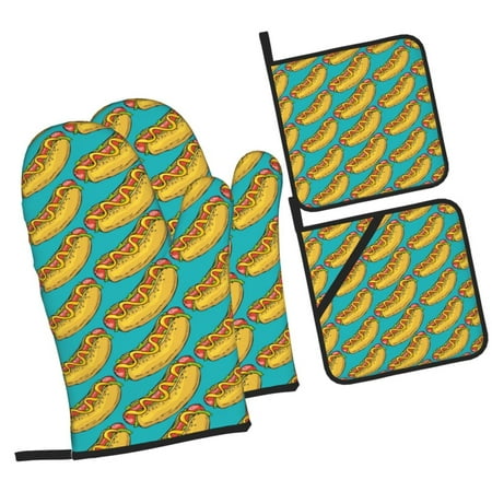

Pofeuu Hot Dogs 8 Print Oven Mitts and Pot Holders 4 pcs Set High Heat Resistant 500 Degree Extra Thicken Long Kitchen Cotton Oven Glove for Cooking