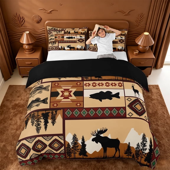 jejeloiu Rustic Moose Patchwork Bedding,Southwestern Fish Print Duvet Cover Full For Boys,Brown Beige,Black Reversible,3pcs,1 Duvet Cover and 2 Pillowcases