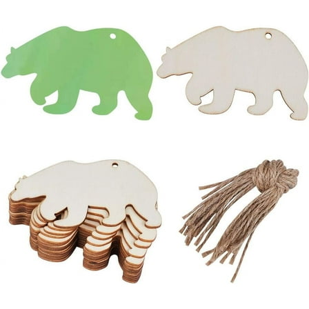 20PCS Bear Unfinished Wood Cutout Hanging Blank Wood Slices Ornaments Wooden Tag Gift Set with Twine Hole for DIY Crafts Christmas Holiday Wedding Birthday Party Painting Arts Pyrography