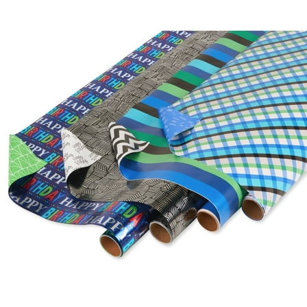 American Greetings Reversible Birthday Wrapping Paper, Plaid and Stripes (4 Rolls, 120 sq. ft)