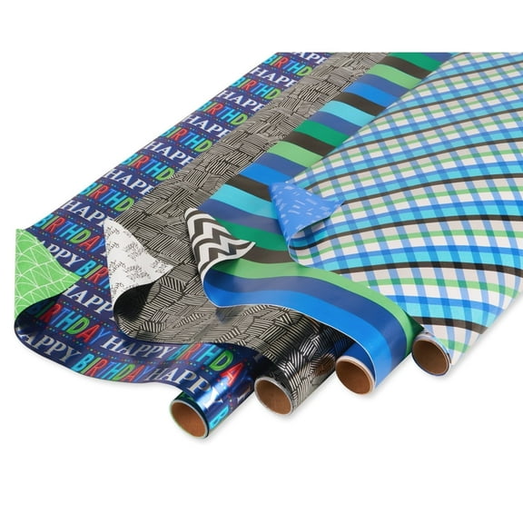 American Greetings Reversible Birthday Wrapping Paper, Plaid and Stripes (4 Rolls, 120 sq. ft)