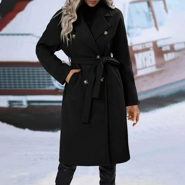 Gabardina informal de manga larga sin capucha para mujer, abrigo cálido y moderno de color liso con solapa y doble botonadura, de manga larga